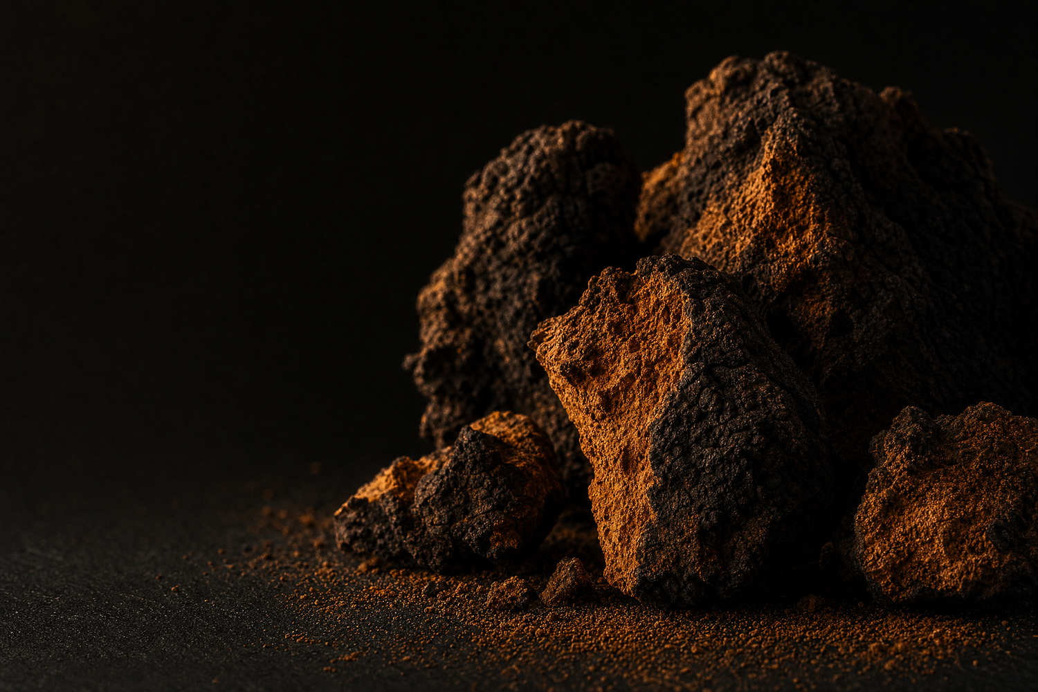 A pile of dark brown to black textured powder or chunks with warm orange-brown highlights, photographed on a dark black background.