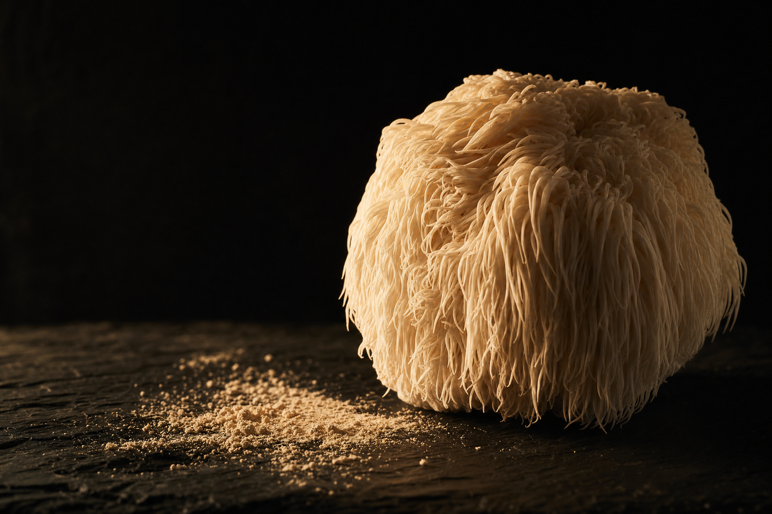 A single large, fuzzy off-white mushroom cluster sits on a dark wooden surface with a small scattered pile of powder or crumbs in front, photographed against a very dark black background.