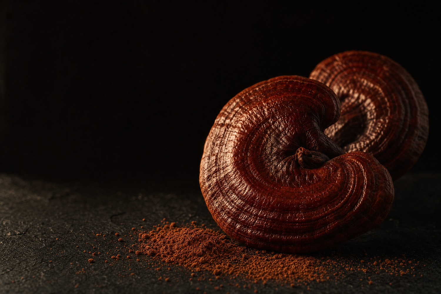 Two brown, corkscrew-shaped reishi mushrooms resting on a dark textured surface with a small pile of ground powder in front, photographed against a very dark background.